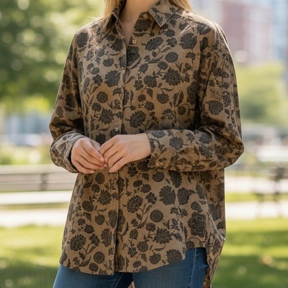 Roaman's Tops - Roaman's Button Down Shirt 18W Brown Excellent Floral Print Long Sleeve Blouse